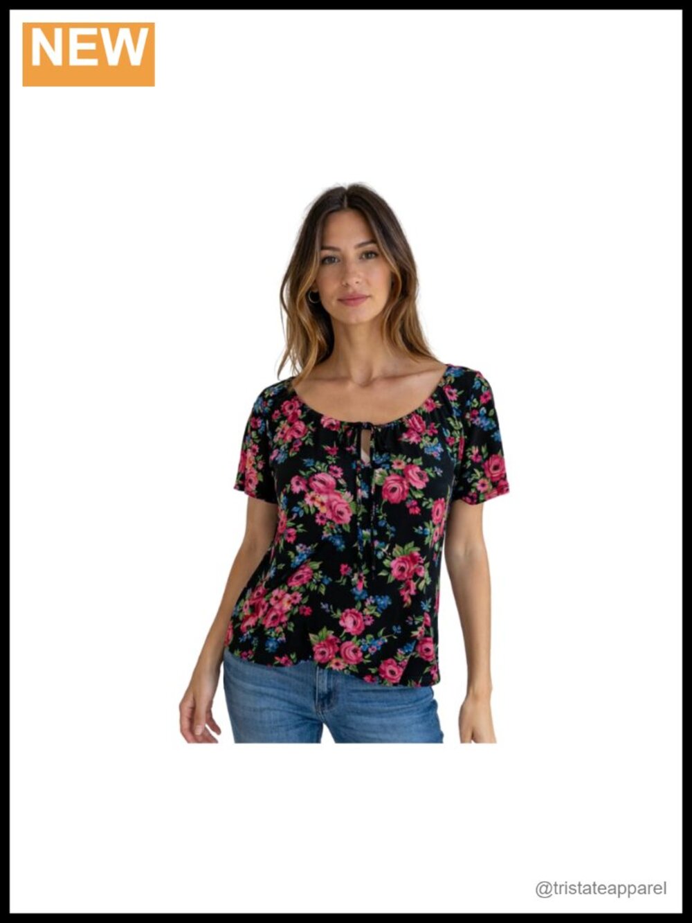Peasant Blouse with Keyhole-Tie Neckline, Stretchy Knit